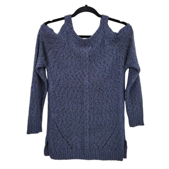 Vintage 90s Cold Shoulder Flecked Rib Knit Sweater Top M Blue Black Casual - Picture 7 of 11